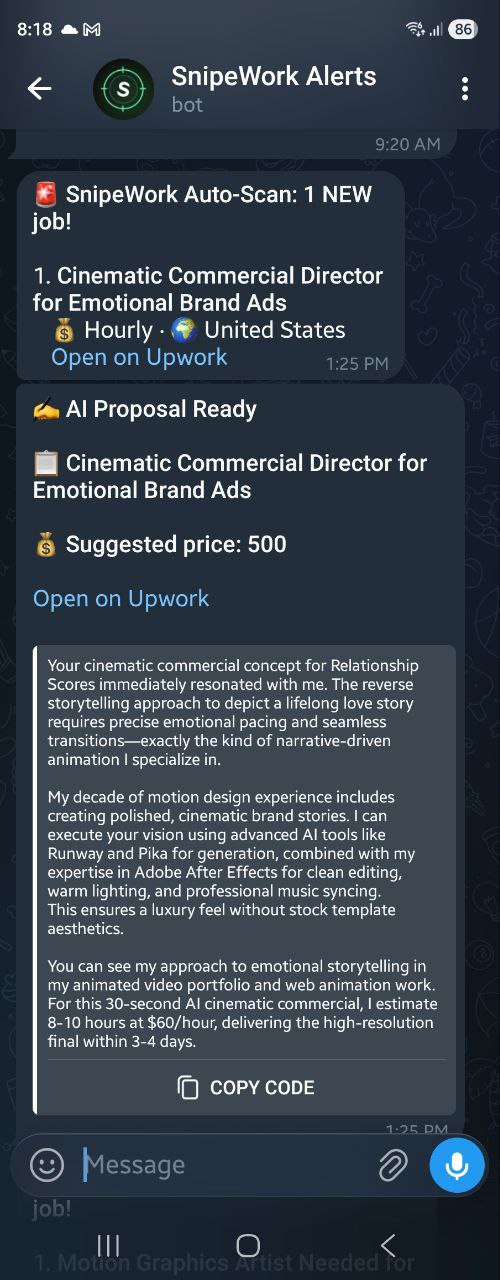 SnipeWork Telegram bot on mobile